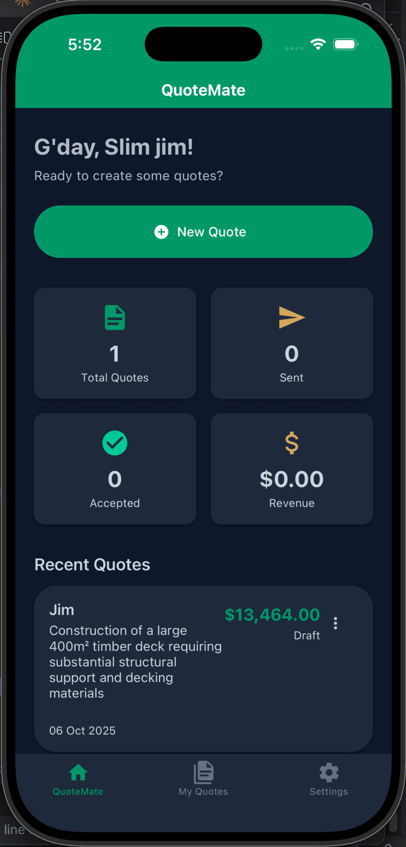 QuoteMate mobile application interface