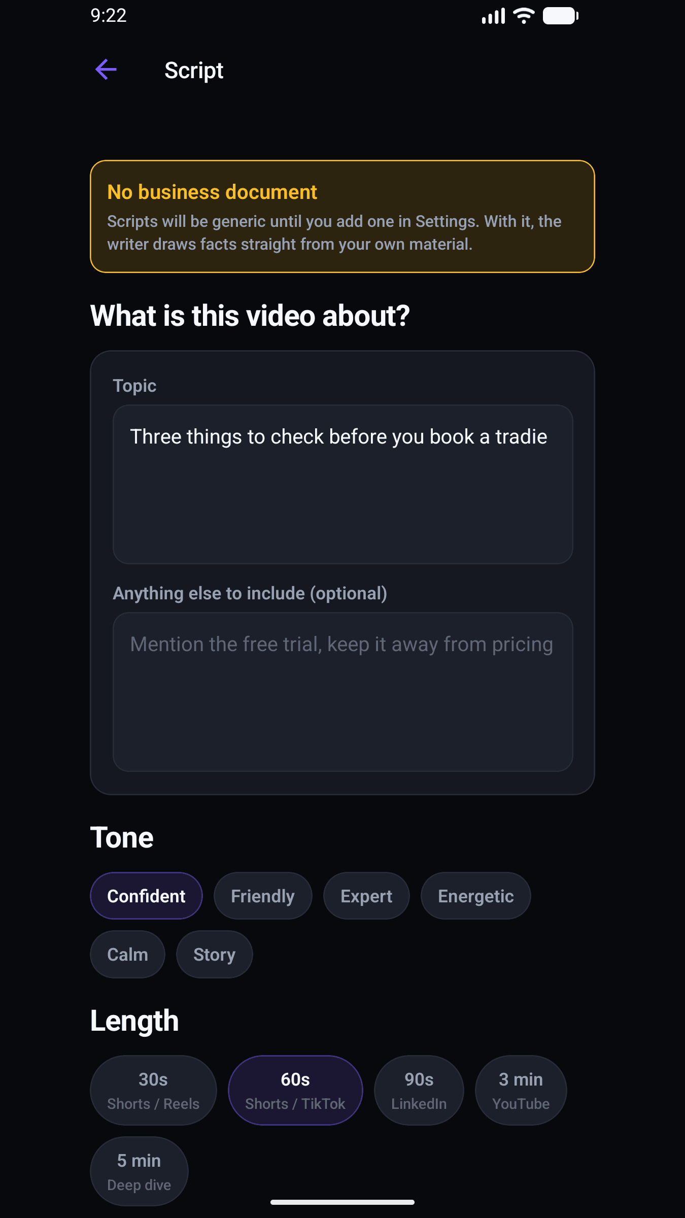 TalkMyShiz AI script writer screen