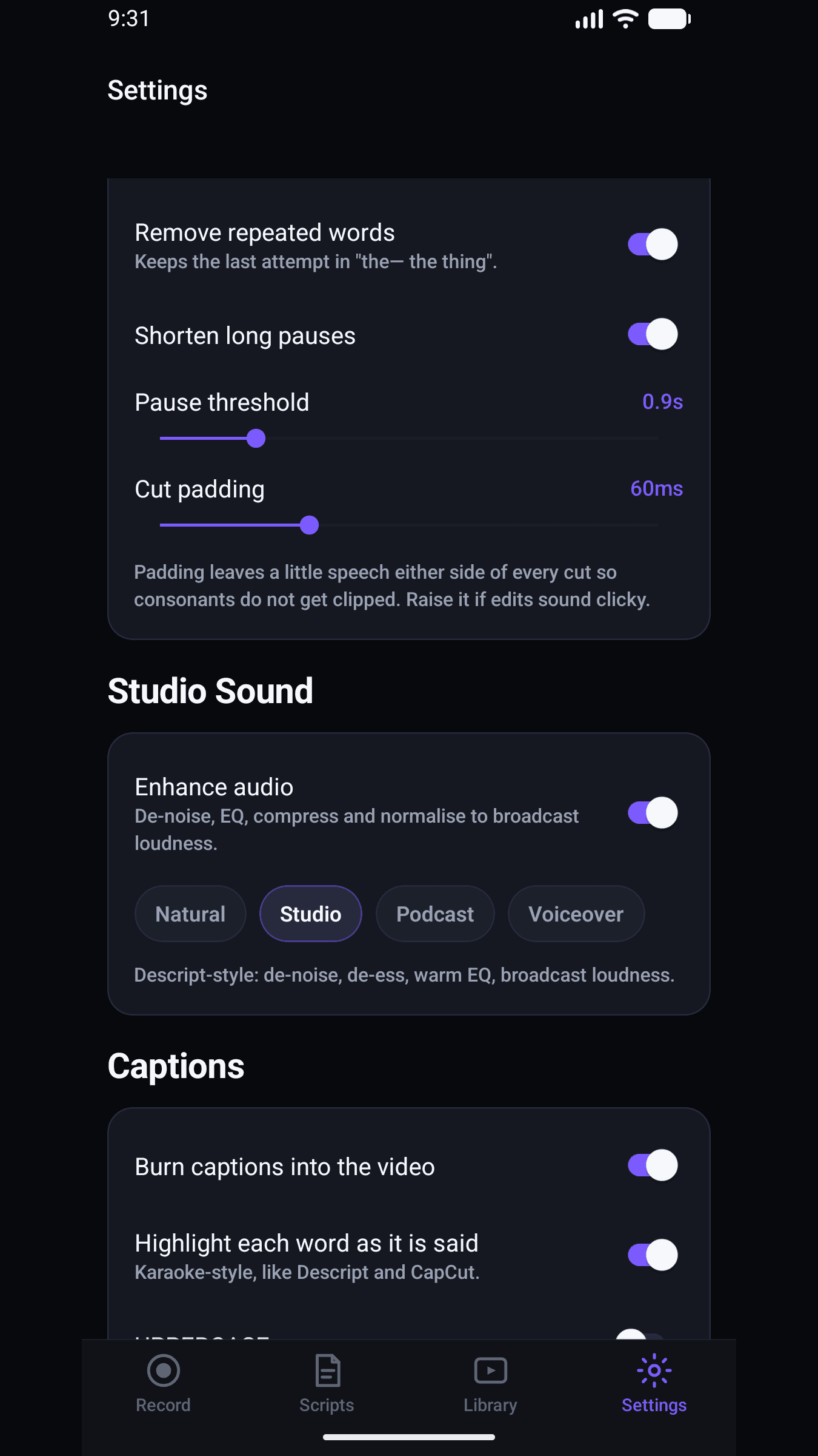 TalkMyShiz automatic editing screen showing proposed cuts