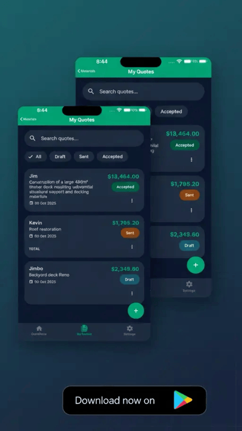 QuoteMate app interface showing quote creation in under 5 minutes